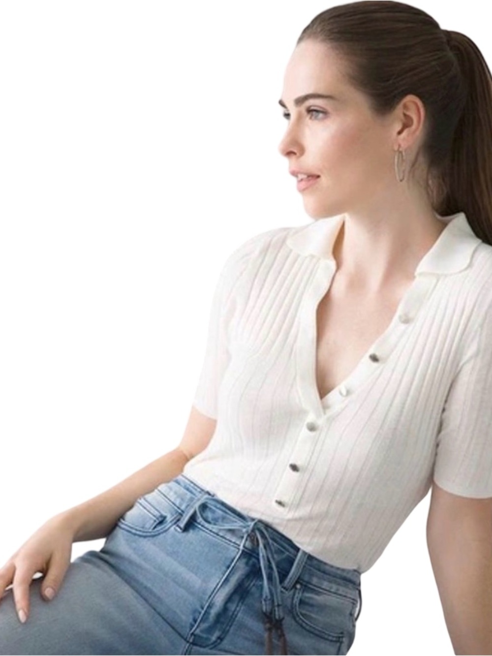 LIKE NEW WHBM Women's Ecru Cashmere blend Ribbed Button-Front Polo Top (M)